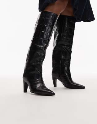 Bronx - Kniehohe Stiefel aus Leder in Kroko-Schwarz-Marineblau