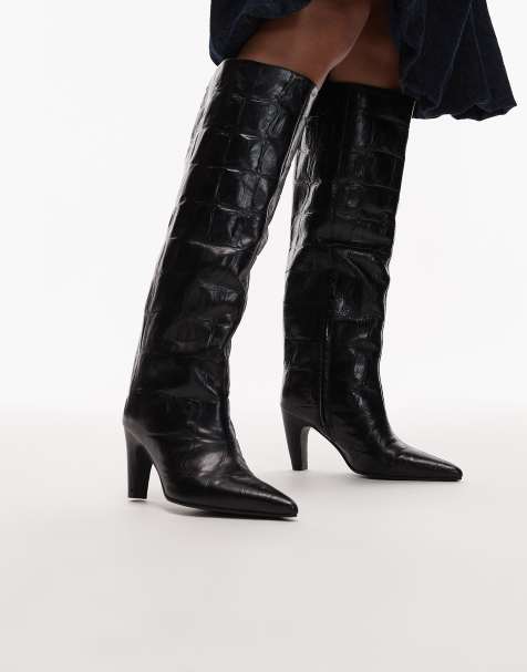 Bronx – Kniehohe Stiefel aus Leder in Kroko-Schwarz - view 1