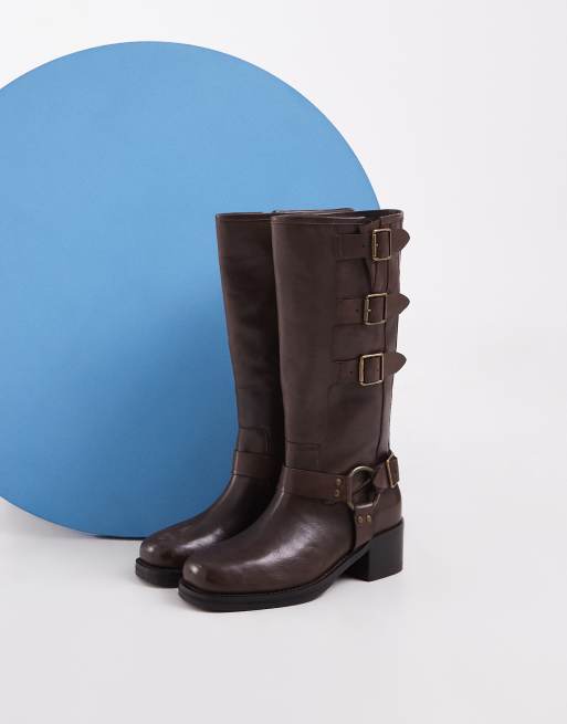 Bronx Ky-ley pull on knähöga boots med harness i vintage coffee bean-läder, 1 av 4