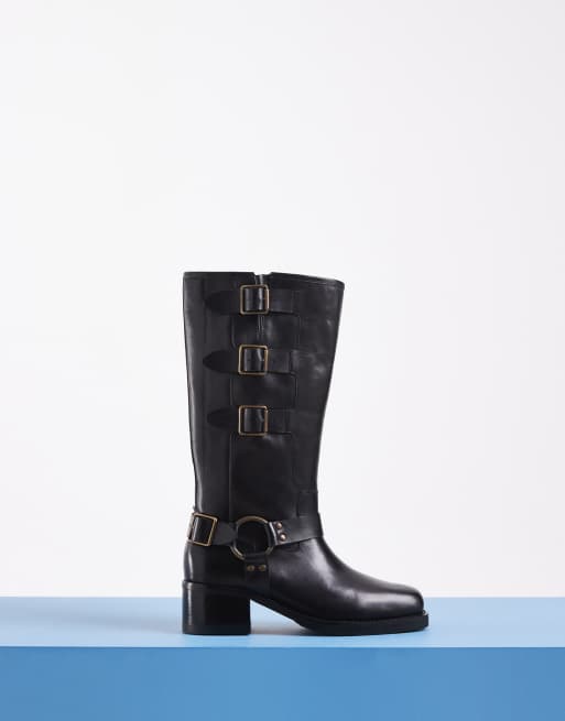 Bronx Ky-ley pull on knähöga boots med harness i vintage svart läder, 1 av 4