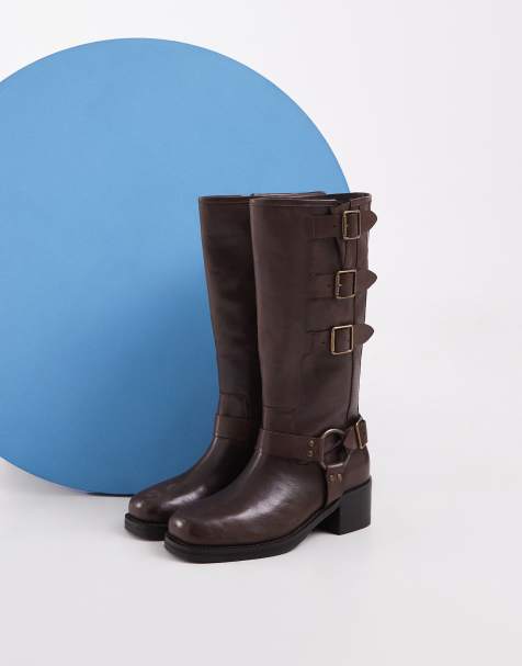 Bronx Ky-ley pull on knee boots with harness in vintage coffee bean leather - view 1