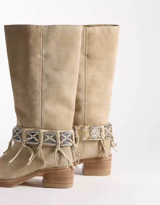 Bronx - Ky-ley - Suède westernlaarzen met kwastjes in lichtbeige, 3 van 3