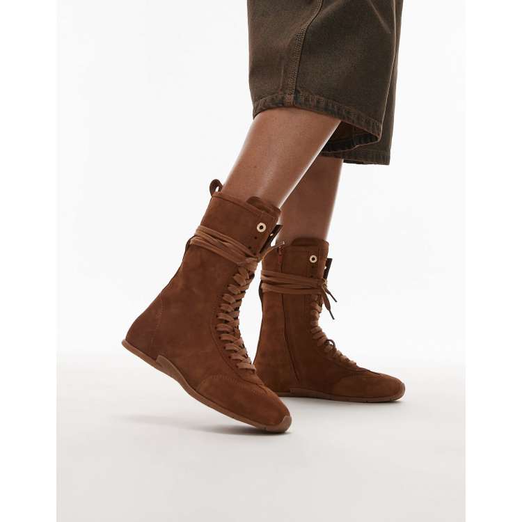 Bronx lace up boxing boot sneakers in suede tan | ASOS