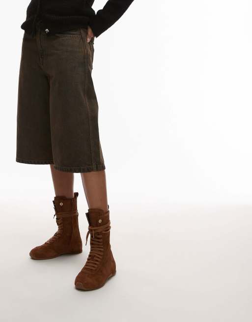 Bronx lace up boxing boot sneakers in suede tan, 3 of 4