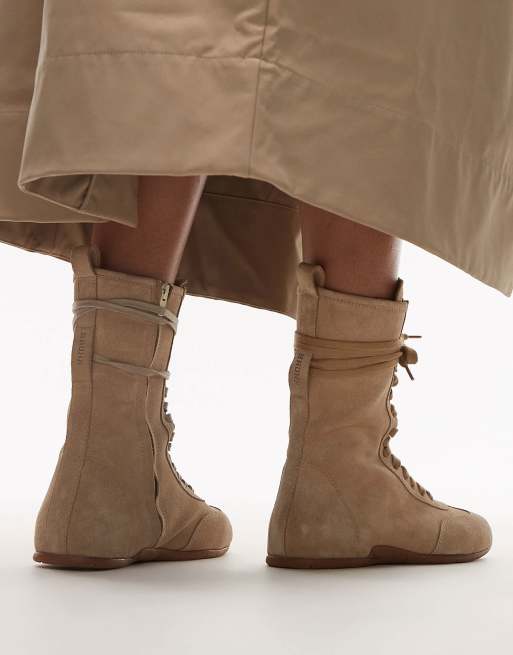Bronx lace up boxing boot trainers in oatmilk, 3 of 4