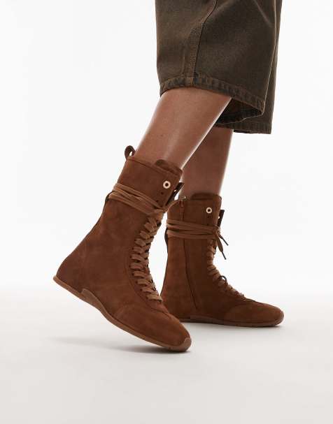 Bronx lace up boxing style boot in suede tan - view 1
