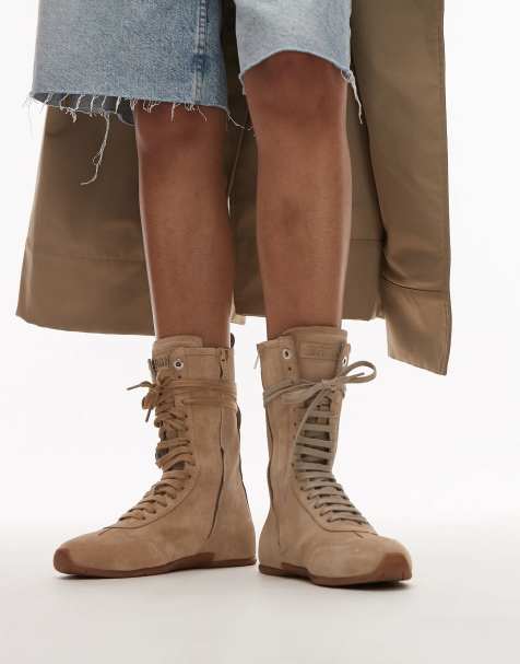 Bronx lace up boxing style boots in oatmilk - view 1