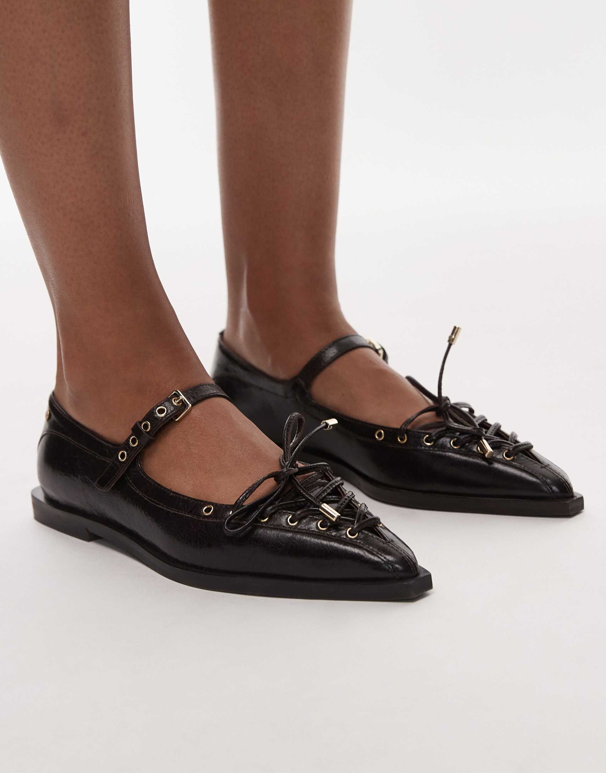 bronx laur-ynn tie detail ballet flats in leather chocolate