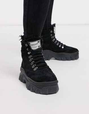 bronx black leather chunky sole hiker boots