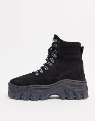 bronx black leather chunky sole hiker boots