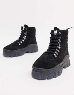 bronx black leather chunky sole hiker boots