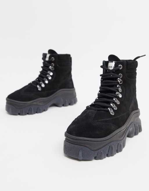 Bronx black leather chunky sole best sale hiker boots