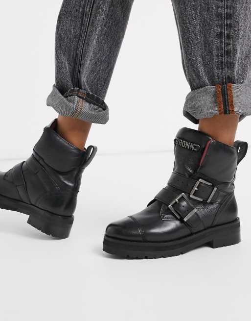 Bronx leather flat boots with buckle detail in black