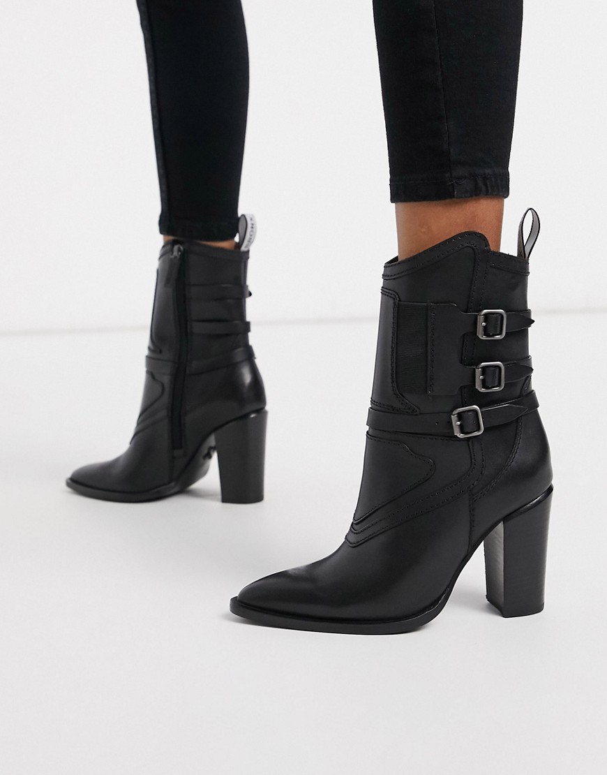 Bronx leather heeled ankle boots with buckle detail in black