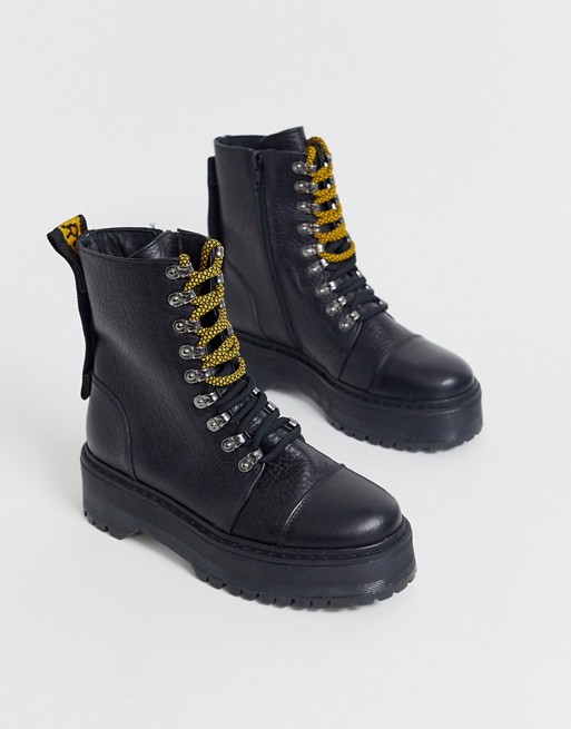 Bronx leather lace up hiker boots in black