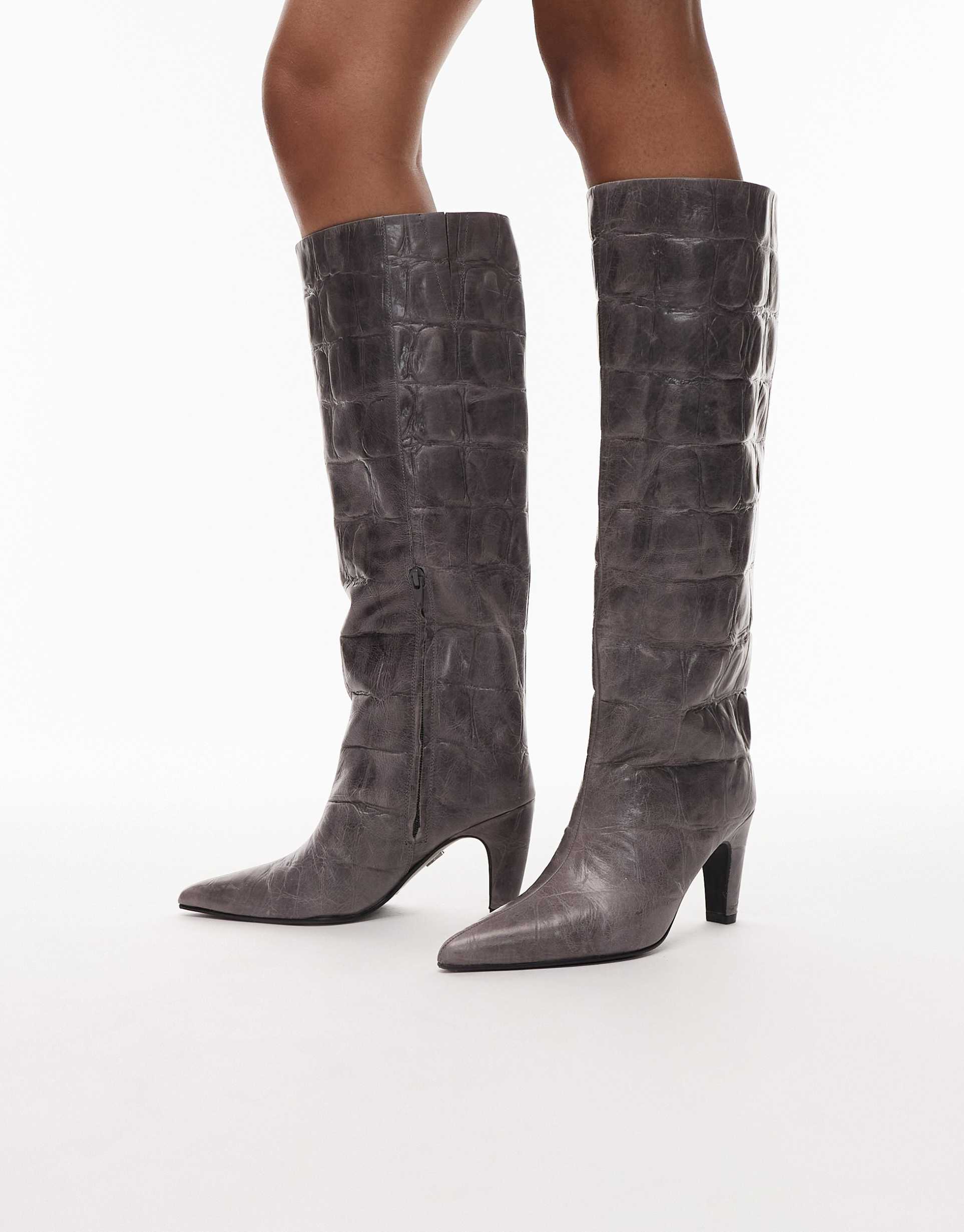 bronx low-jadey knee boots in leather graphite croc