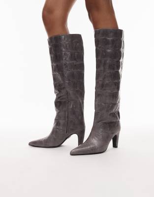 Bronx - Low-Jadey - Kniehohe Stiefel aus Leder in Grafit mit Kroko-Muster-Grau