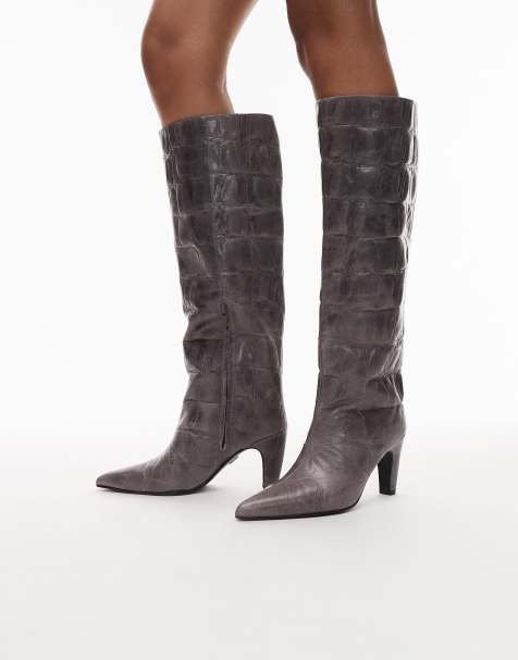 Bronx – Low-Jadey – Kniehohe Stiefel aus Leder in Grafit mit Kroko-Muster - view 1