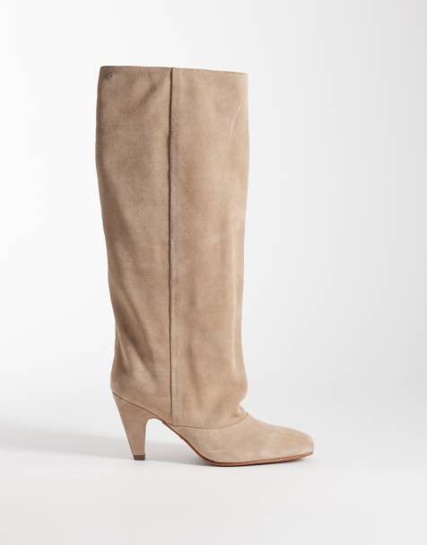 Bronx Lux-yy slouchy kitten heel knee boots in sand suede - view 1