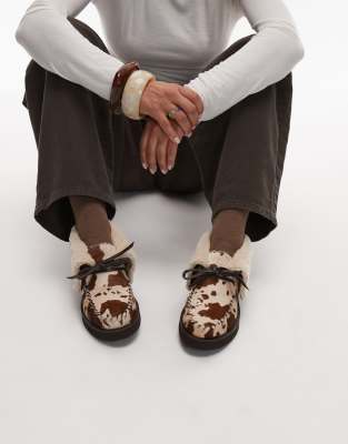 Bronx - Mocassins à lacets en daim imprimé vache avec détail duveteux-Brown