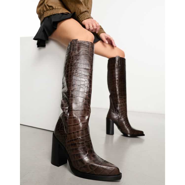 Bronx Mya-mae heeled knee boot in brown croc leather