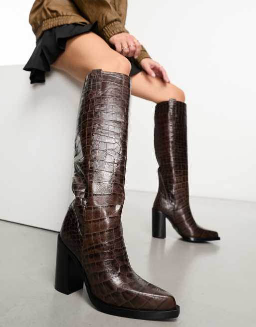 Bronx Mya-mae heeled knee boot in brown croc leather