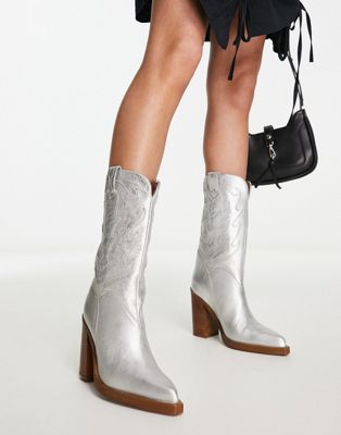 Bronx Mya-Mae mid western boots in silver leather