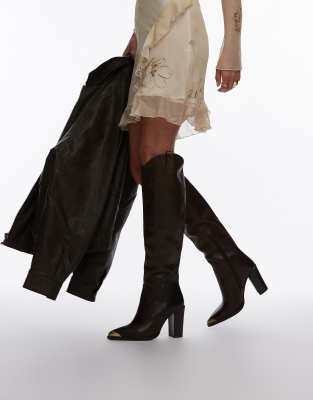 Bronx New Americana western knee boots in coffee bean brushed leather