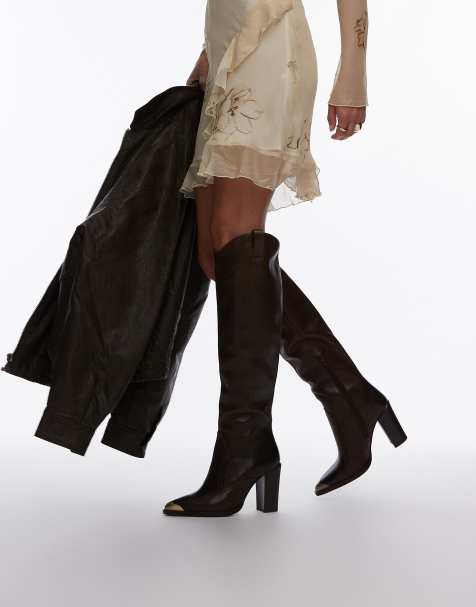 Bronx New Americana western knee boots in coffee bean brushed leather - view 1