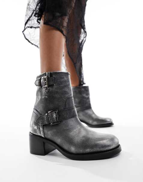 Stivali stile motociclista da donna In pelle stringati e con