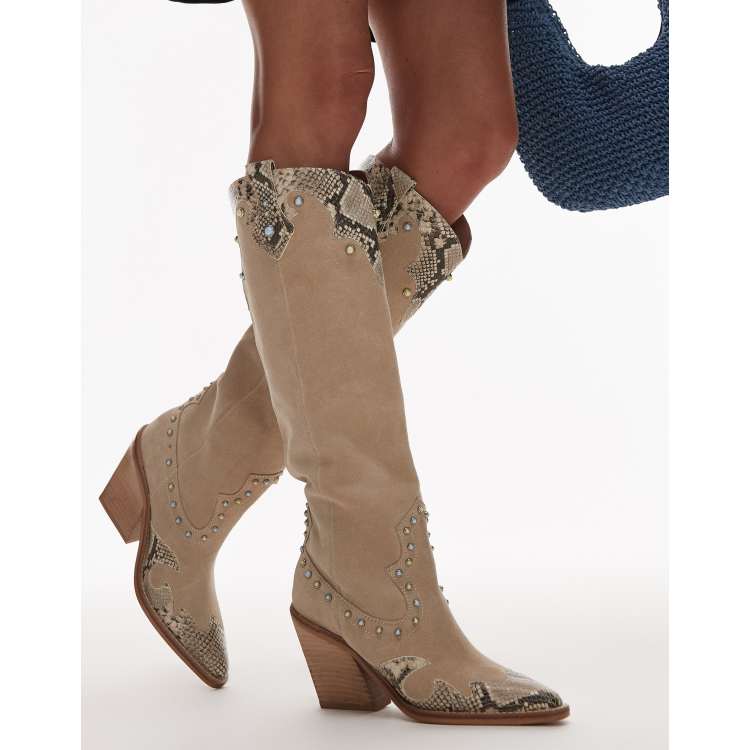 【COLOR iN ID】Wetin Strap Suede Long Boots Distressed Suede Western Zip Boots with Rounded Toe