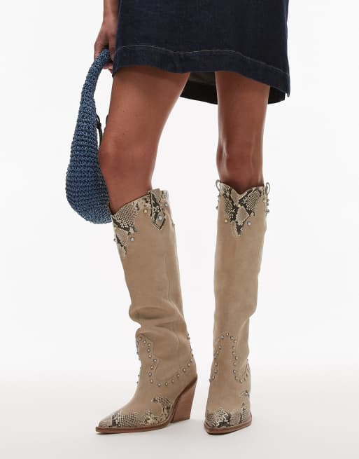 Bronx New-kole beaded western knee boots in oatmilk and snake suede, 4 of 4