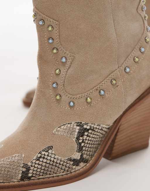 Bronx New-kole beaded western knee boots in oatmilkand snake suede, 2 of 4