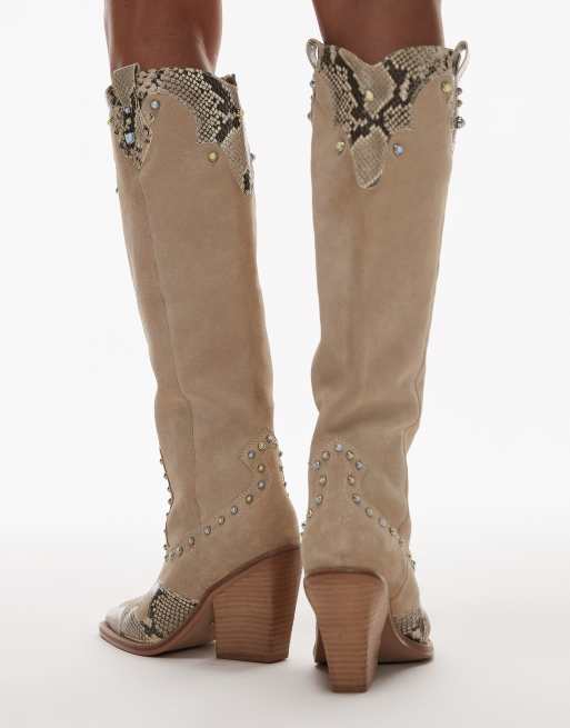 Bronx New-kole beaded western knee boots in oatmilkand snake suede, 3 of 4