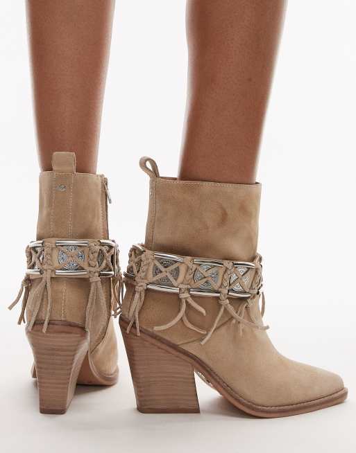 Bronx – New-kole – Beige ankelboots av mocka i cowboystil med fransar , 3 av 4