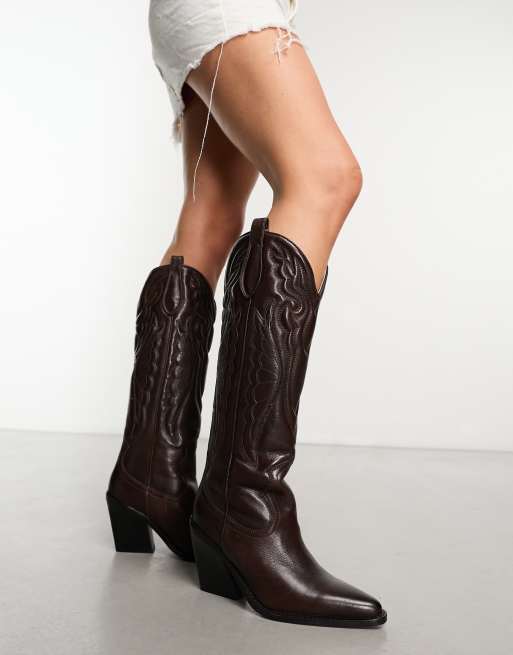 Bronx - New Kole - Cuissardes style western en cuir - Marron chocolat