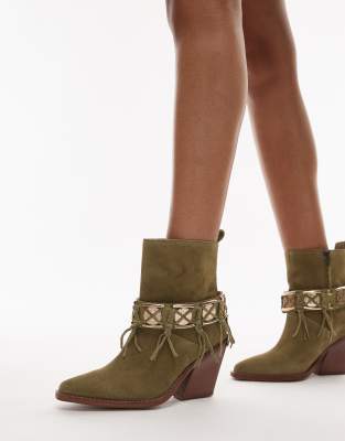 Bronx New-kole fringe western ankle boots in khaki suede-Green