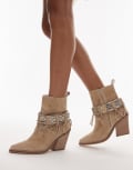 [Bronx] Bronx New-Kole fringe western ankle boots in oatmilk suede-White 40 Oatmilk