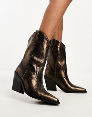 Bronx New Kole heeled mid ankle western boot in antique gold - ASOS Price Checker