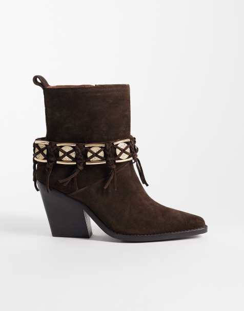 Bronx – New-kole – Kaffebruna ankelboots i mocka och cowboystil med fransar - view 1