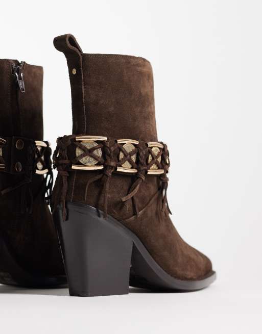 Bronx – New-kole – Kaffebruna ankelboots i mocka och cowboystil med fransar, 4 av 4