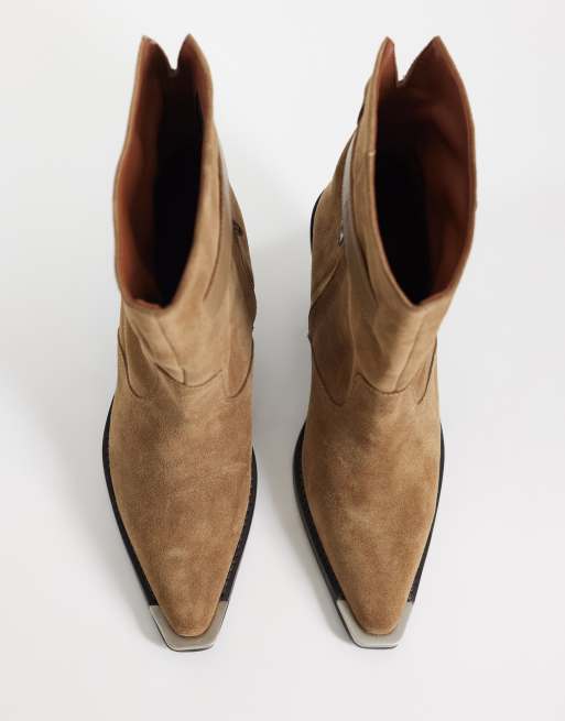 Bronx – New-kole – Mörkbeige, höga ankelboots i cowboystil och mocka med spänne, 2 av 4