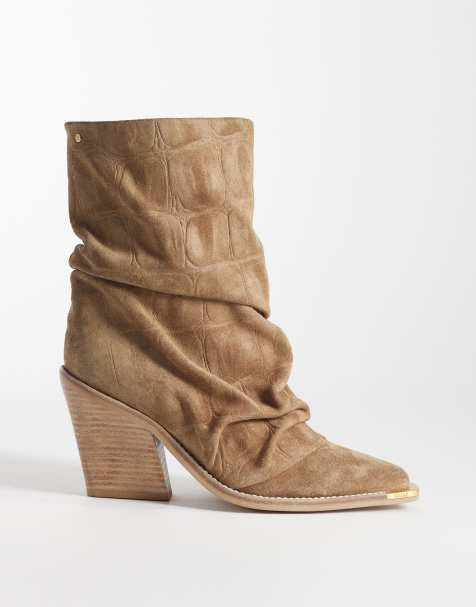 Bronx New Kole slouchy heeled cowboy boots in croc-embossed natural suede - view 1