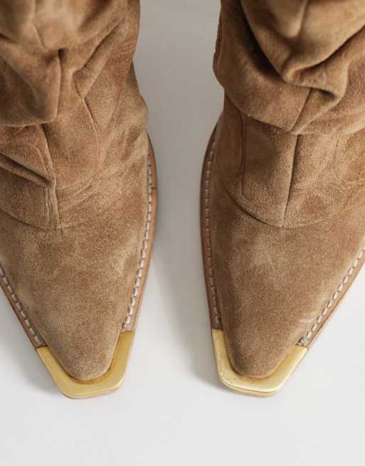 Bronx New Kole slouchy heeled western boots in natural croc suede, 2 of 4