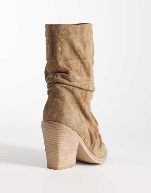 Bronx New Kole slouchy heeled western boots in natural croc suede, 3 of 4