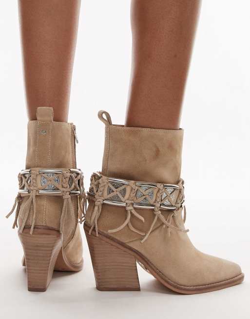 Bronx - New-kole - Stivaletti stile western in camoscio color latte d'avena con frange, 3 di 4