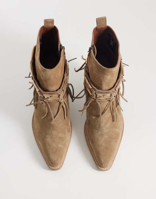 Bronx - New-kole - Stivaletti stile western in camoscio color mocha mousse con frange, 3 di 4