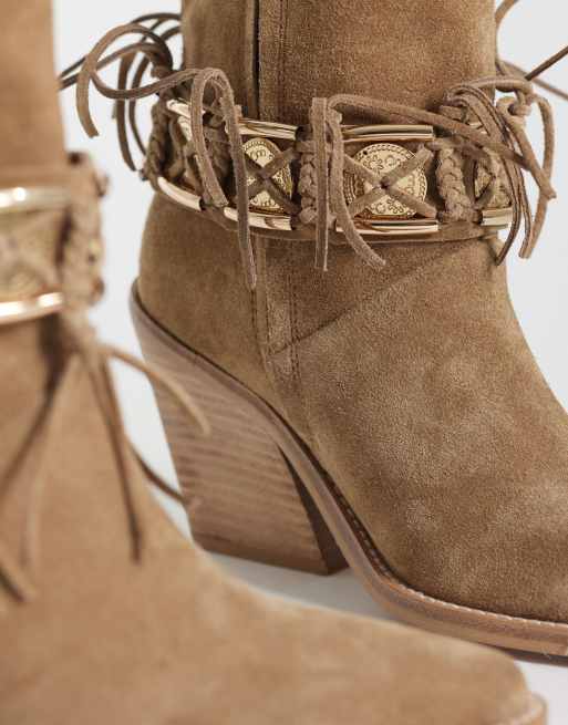 Bronx - New-kole - Stivaletti stile western in camoscio color mocha mousse con frange, 4 di 4
