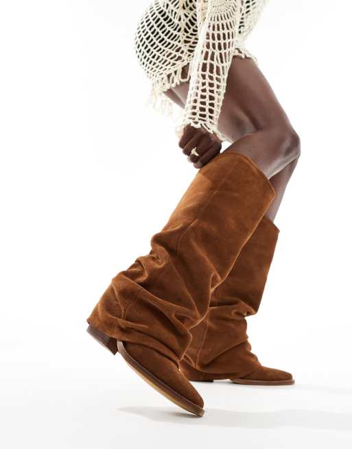 Bronx New Kole western heeled ruched knee boots in cognac suede