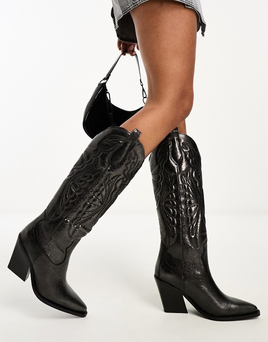 Bronx New Kole western knee boots in gunmetal leather-Black
